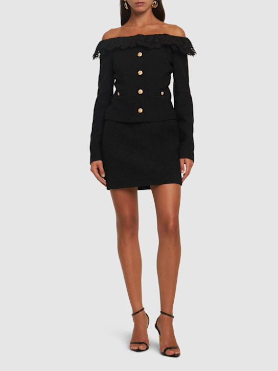 Alessandra Rich: Tweed bouclé off-the-shoulder jacket - Black - women_1 | Luisa Via Roma