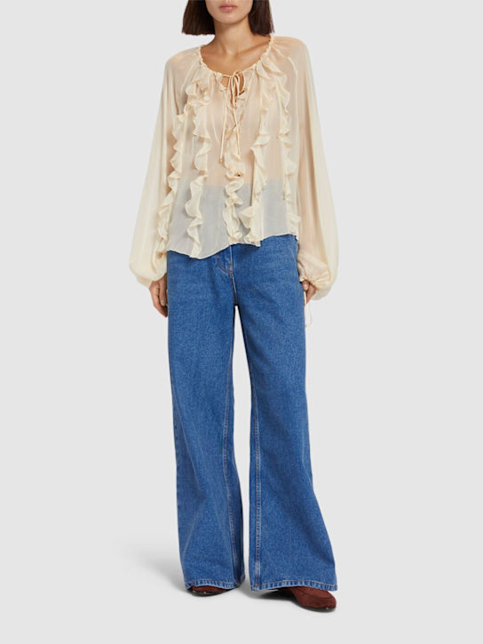 Blumarine: Camicia in seta georgette con ruches - Beige Chiaro - women_1 | Luisa Via Roma