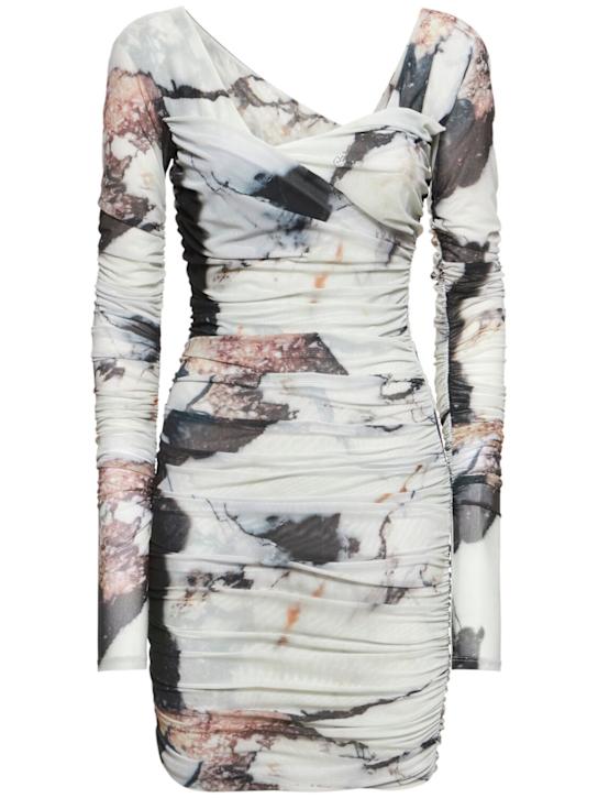 Roberto Cavalli: Marmo printed stretch tulle mini dress - Multicolor - women_0 | Luisa Via Roma