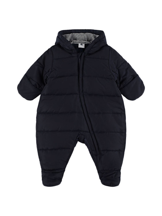 Petit Bateau: Hooded nylon puffer romper - Dark Blue - kids-girls_0 | Luisa Via Roma