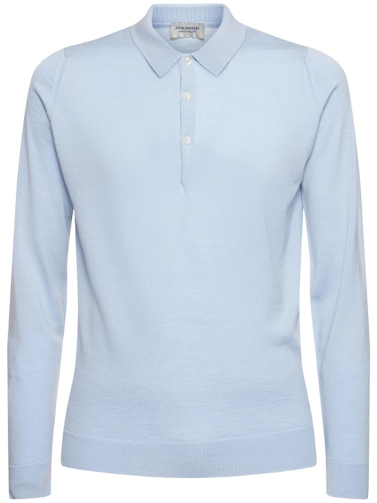 John Smedley: Belper extrafine wool knit polo sweater - Light Blue - men_0 | Luisa Via Roma