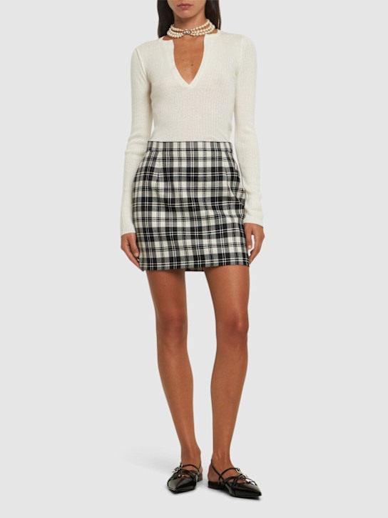 Alessandra Rich: Pleated wool tartan mini skirt w/buckles - Black/White - women_1 | Luisa Via Roma