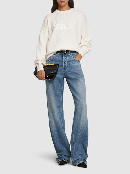 Versace: Embroidered '80s logo rib knit sweater - women_1 | Luisa Via Roma