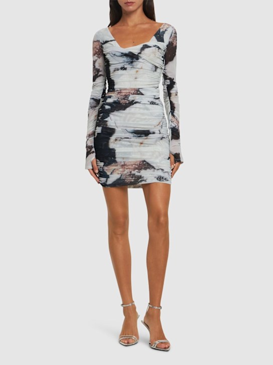 Roberto Cavalli: Marmo printed stretch tulle mini dress - Multicolor - women_1 | Luisa Via Roma