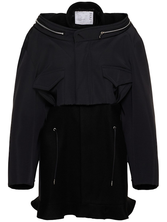 Sacai: Oversize short wool melton jacket dress - Black - women_0 | Luisa Via Roma