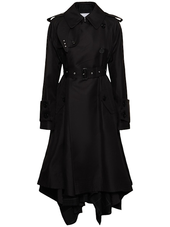 Sacai: Long gabardine & windowpane trench coat - Black - women_0 | Luisa Via Roma