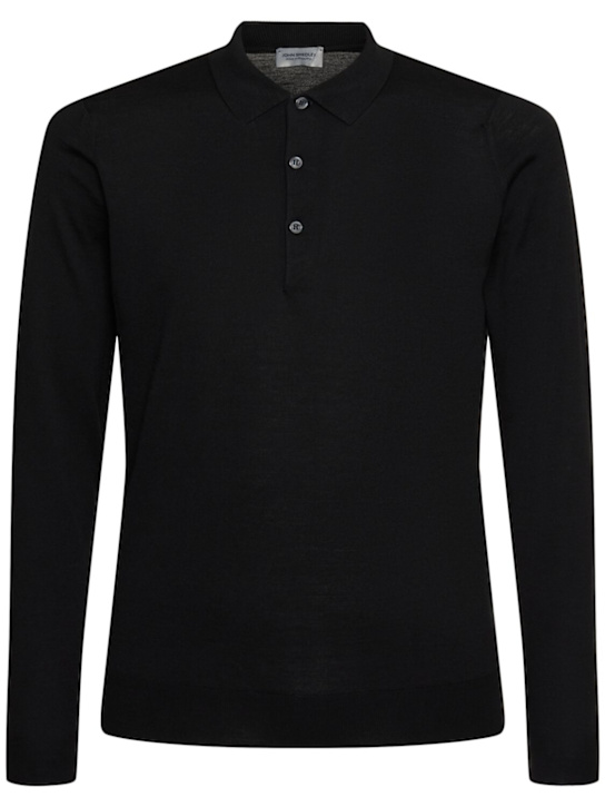 John Smedley: Belper extrafine wool knit polo sweater - Black - men_0 | Luisa Via Roma