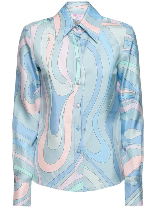 Pucci: Printed silk twill shirt - Blue/Multi - women_0 | Luisa Via Roma