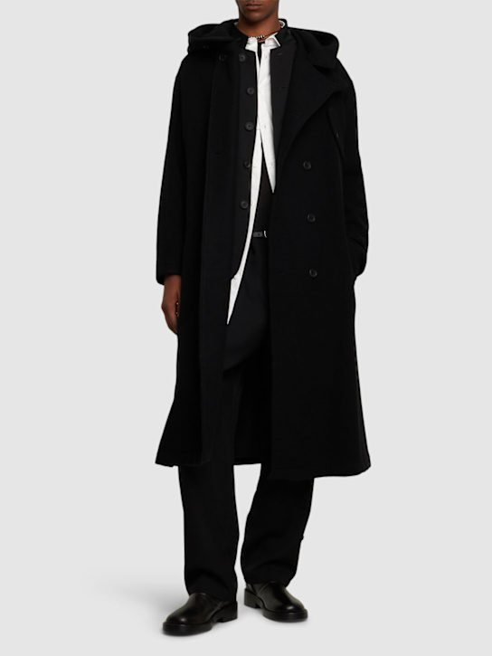 Yohji Yamamoto: Hooded wool blend coat - Black - men_1 | Luisa Via Roma