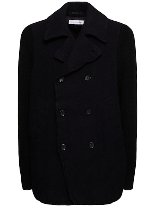 Comme des Garçons Shirt: Wool blend double breasted peacoat - Navy - men_0 | Luisa Via Roma