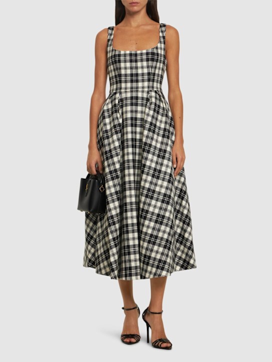 Alessandra Rich: Vestito midi in tartan di lana - Nero/Bianco - women_1 | Luisa Via Roma