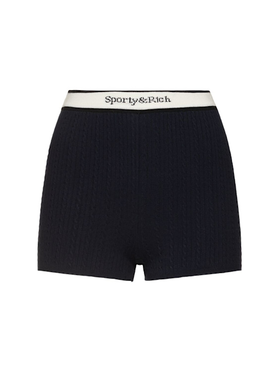 Sporty & Rich: Serif logo cable knit biker shorts - Navy - women_0 | Luisa Via Roma