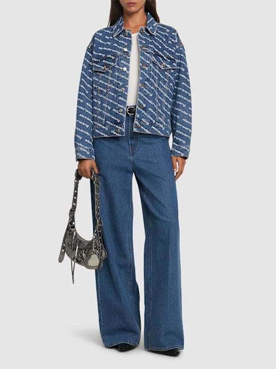 Alexander Wang: Giacca Game in denim con stampa logo - Blu/Bianco - women_1 | Luisa Via Roma