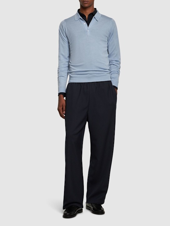 John Smedley: Belper extrafine wool knit polo sweater - Light Blue - men_1 | Luisa Via Roma