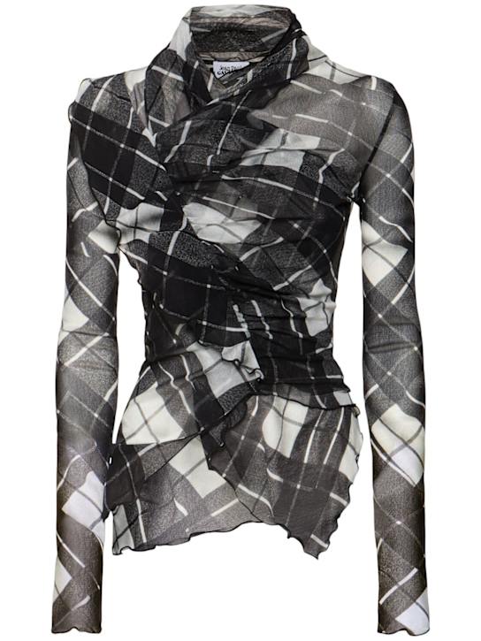 Jean Paul Gaultier: Distorted Tartan printed mesh draped top - women_0 | Luisa Via Roma