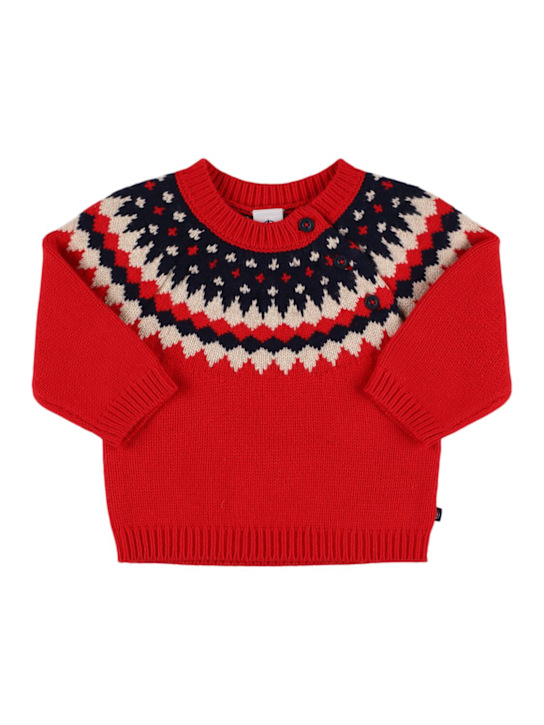 Petit Bateau: Jacquard knit wool blend sweater - Red/Multi - kids-girls_0 | Luisa Via Roma