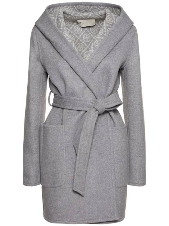 Tory Burch: Hooded wool wrap coat - Gray/Multi - women_0 | Luisa Via Roma