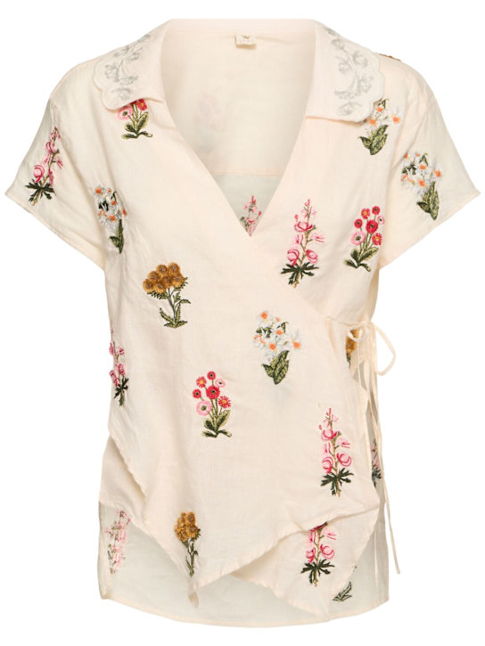 Agua By Agua Bendita: Calma embroidered linen wrap shirt - women_0 | Luisa Via Roma