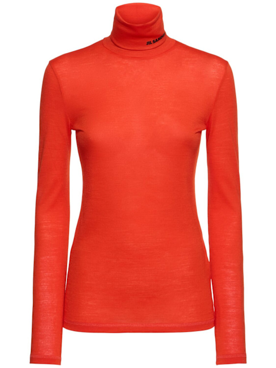 Jil Sander: Top collo alto in misto lana con logo - women_0 | Luisa Via Roma