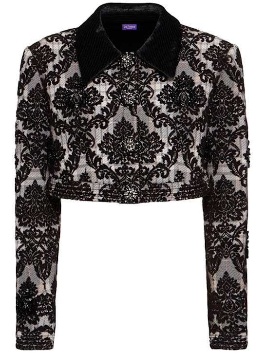 Le Fame: Flocked & beaded crop jacket - White/Black - women_0 | Luisa Via Roma