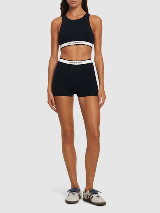 Sporty & Rich: Serif logo cable knit biker shorts - Navy - women_1 | Luisa Via Roma