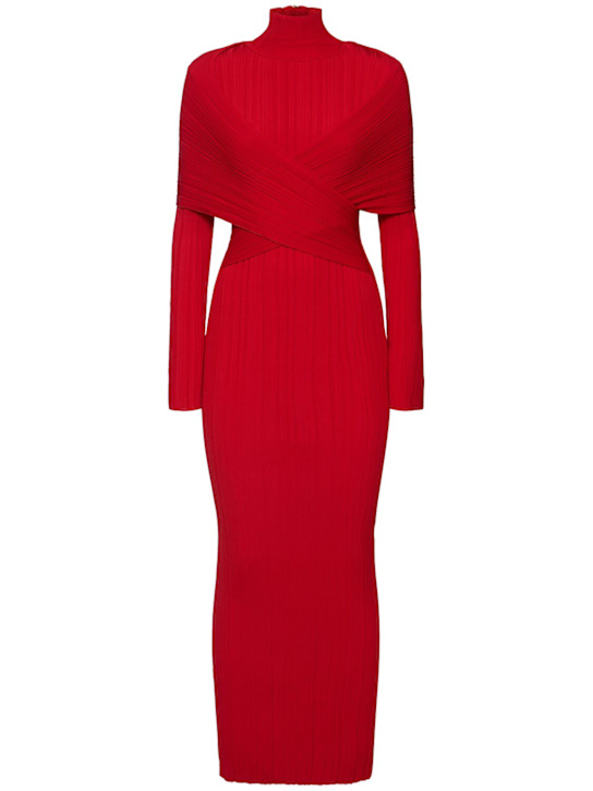 Balmain: High neck pleated knit long dress - women_0 | Luisa Via Roma
