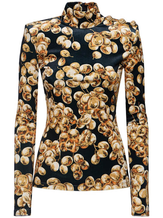 Balmain: Printed high neck velvet top - women_0 | Luisa Via Roma
