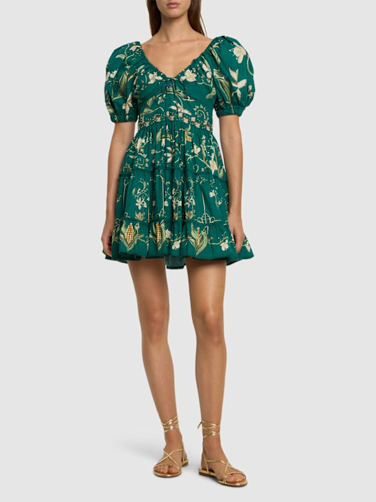 Agua By Agua Bendita: Manzanilla puff sleeve cotton mini dress - Green/Multi - women_1 | Luisa Via Roma