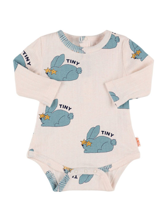Tiny Cottons: Rabbit print cotton blend knit bodysuit - kids-boys_0 | Luisa Via Roma
