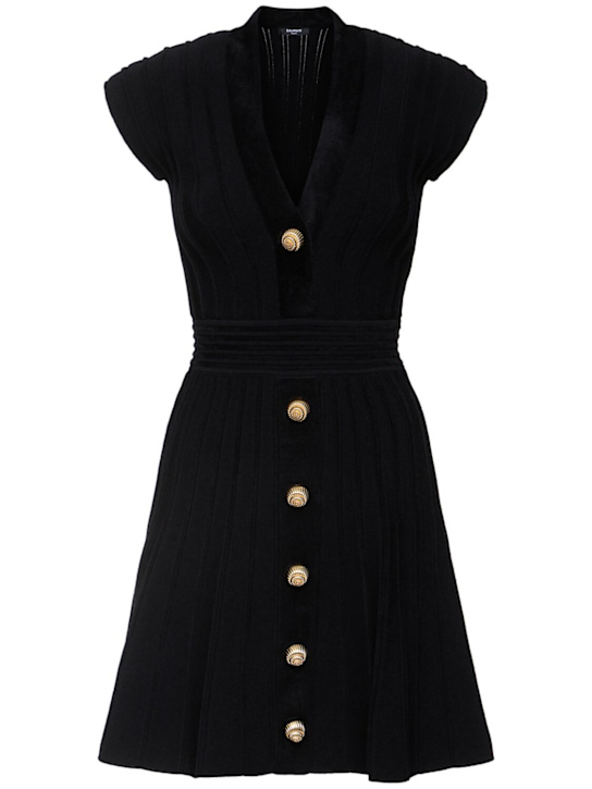 Balmain: Buttoned velvet v-neck flared mini dress - women_0 | Luisa Via Roma