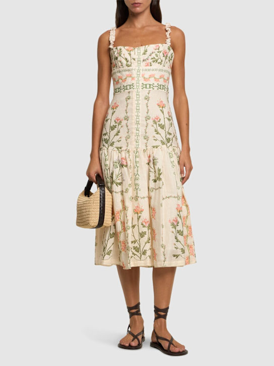 Agua By Agua Bendita: Nispero flowers linen midi dress - women_1 | Luisa Via Roma