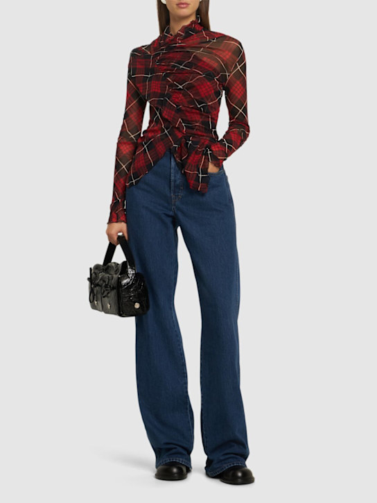 Jean Paul Gaultier: Top drappeggiato in mesh Distorted Tartan - women_1 | Luisa Via Roma