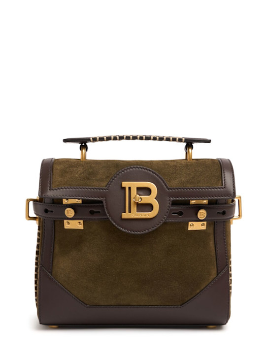 Balmain: B-buzz 23 suede & leather top handle bag - women_0 | Luisa Via Roma