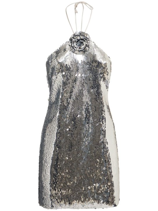 Magda Butrym: Sequined halter neck mini dress w/ rose - Silver - women_0 | Luisa Via Roma