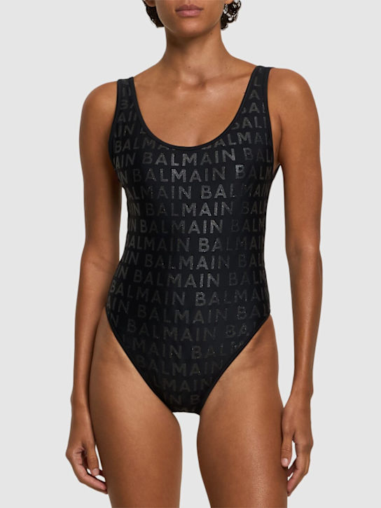 Balmain: Logo printed Lycra one piece swimsuit - women_1 | Luisa Via Roma