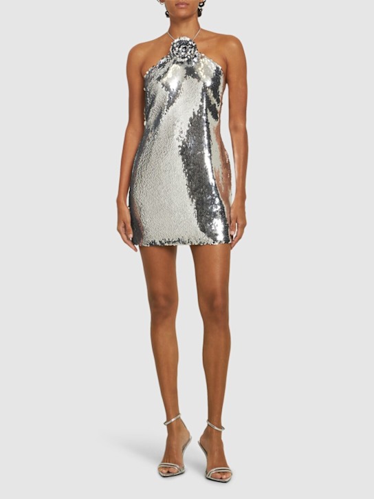 Magda Butrym: Sequined halter neck mini dress w/ rose - Silver - women_1 | Luisa Via Roma