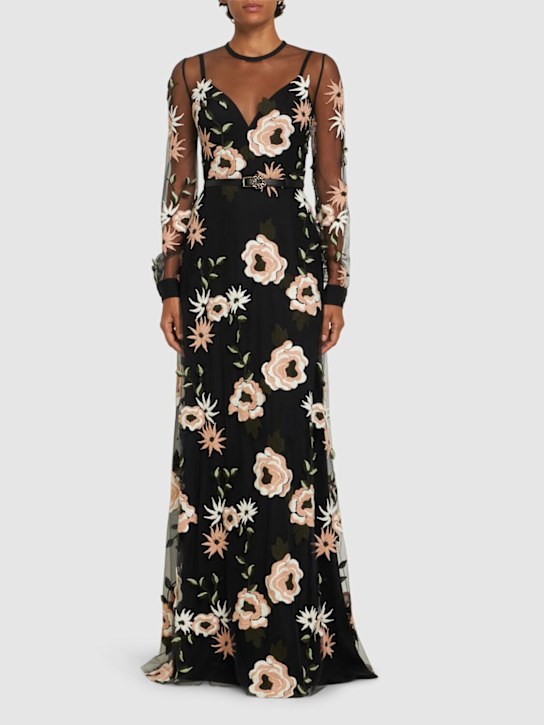 Elie Saab: Embroidered tulle long dress - Black/Multi - women_1 | Luisa Via Roma