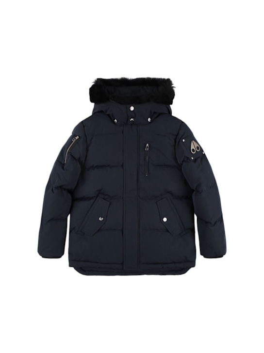 Moose Knuckles: 皮草装饰聚酯混纺连帽羽绒服 - 蓝色/黑色 - kids-boys_0 | Luisa Via Roma