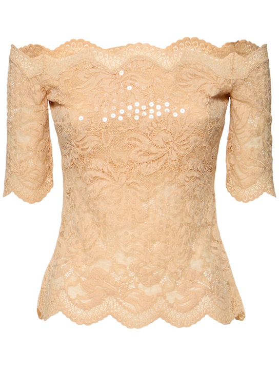 Rabanne: Sequined dentelle brodé top - Nude - women_0 | Luisa Via Roma