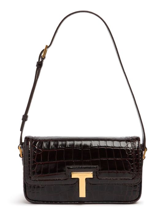 Tom Ford: E/W embossed leather shoulder bag - Espresso - women_0 | Luisa Via Roma