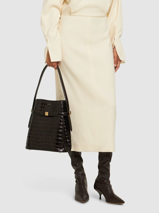 Toteme: Belted croc embossed leather bucket bag - Dark Brown - women_1 | Luisa Via Roma