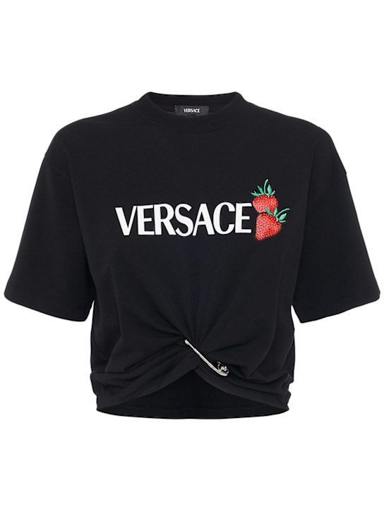 Versace: Logo print cotton jersey crop t-shirt - women_0 | Luisa Via Roma