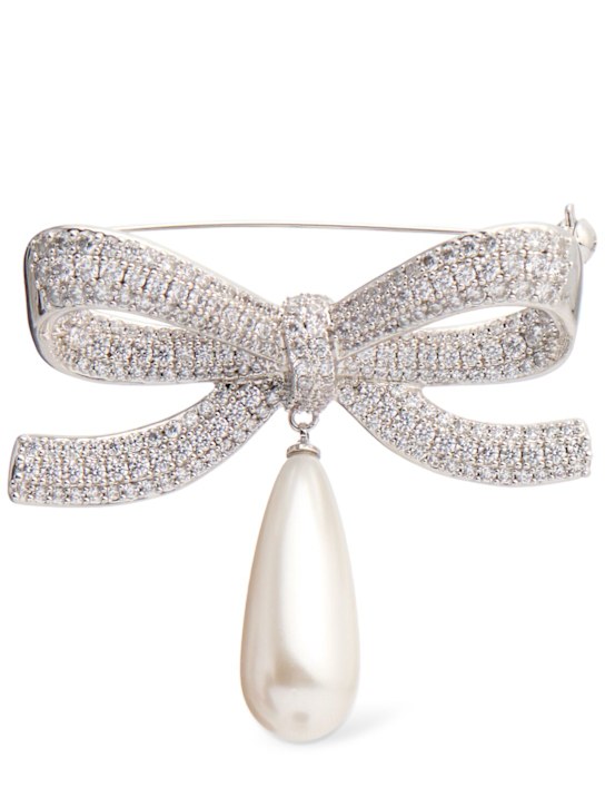 Self-portrait: Crystal bow brooch w/ faux pearl - Silver - women_0 | Luisa Via Roma