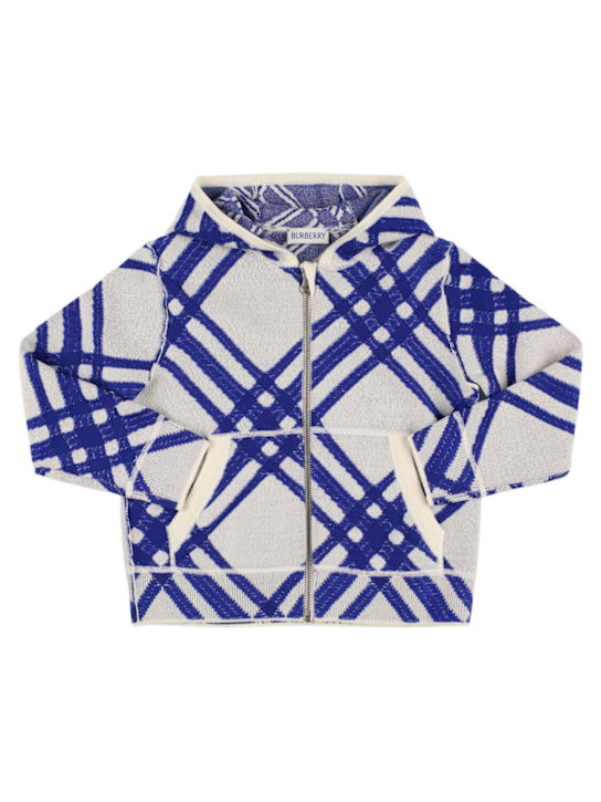 Burberry: Cardigan in maglia di lana check con cappuccio - kids-girls_0 | Luisa Via Roma