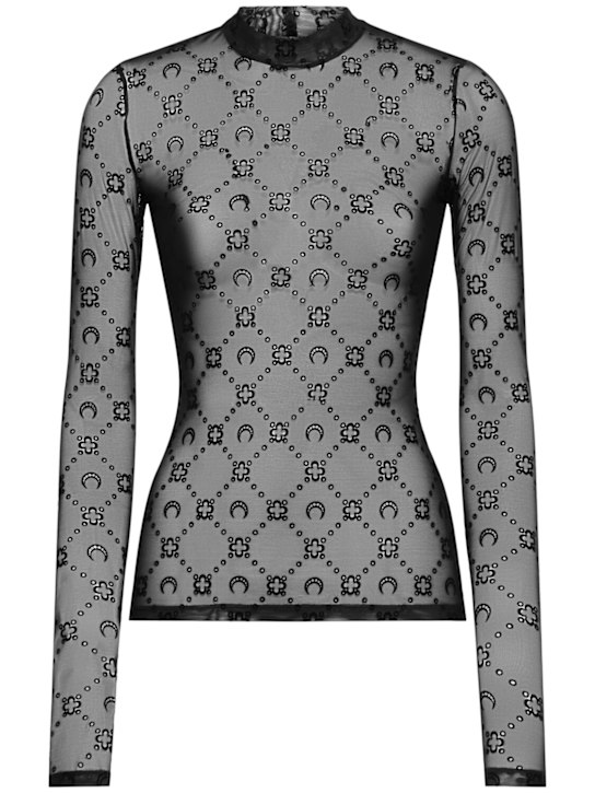 Marine Serre: Moonogram flocked mesh t-neck top - women_0 | Luisa Via Roma