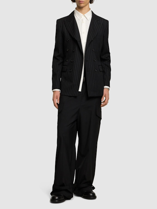 Comme des Garçons Homme Plus: Pinstripe stretch wool gabardine blazer - men_1 | Luisa Via Roma