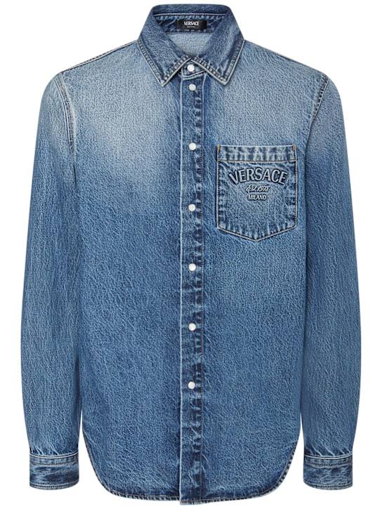 Versace: Stonewashed cotton denim shirt - men_0 | Luisa Via Roma