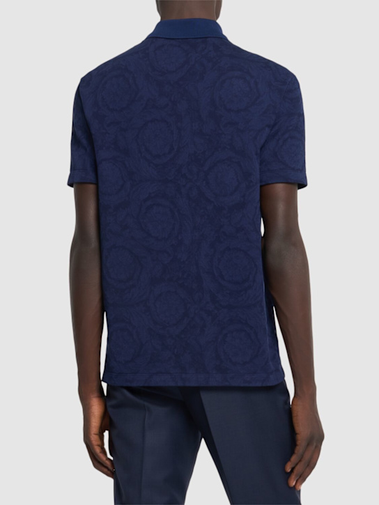 Versace: Barocco jacquard cotton piquet polo - Navy - men_2 | Luisa Via Roma