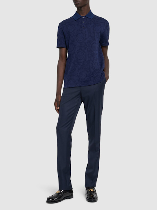 Versace: Barocco jacquard cotton piquet polo - Navy - men_1 | Luisa Via Roma