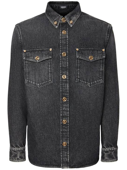 Versace: Stonewashed cotton denim shirt - men_0 | Luisa Via Roma